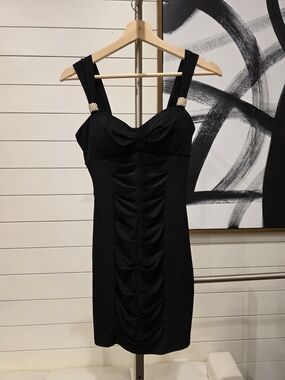Black Ruched Cocktail Dress with Embellished Straps